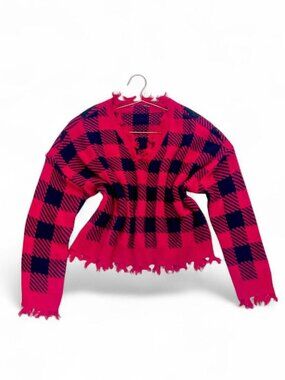 90s Style Distressed Red & Black Buffalo Plaid Grunge Sweater – Soft Knit